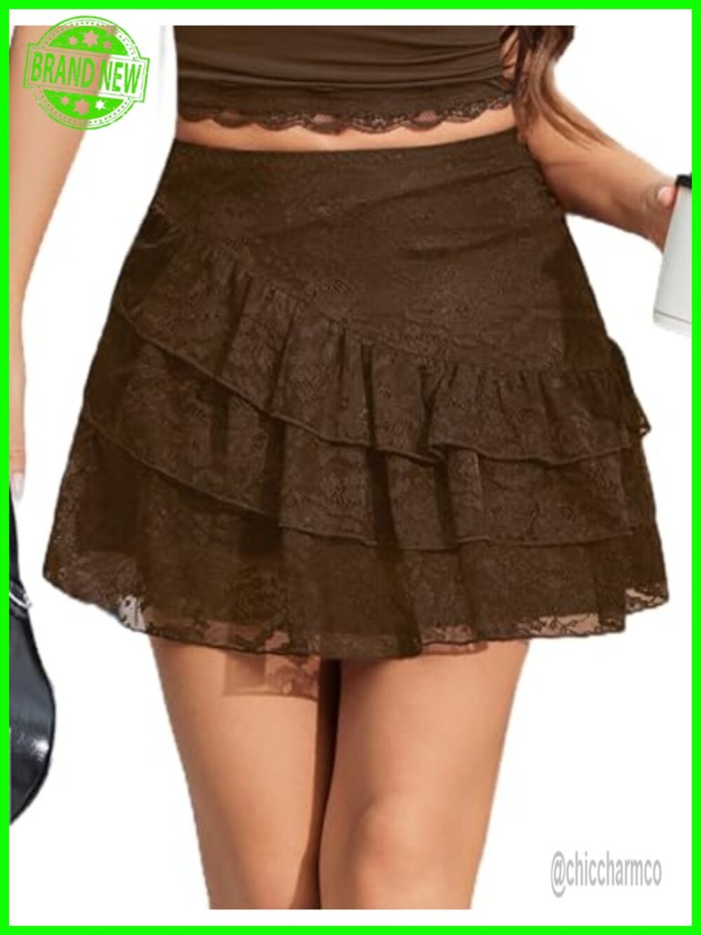 Lace Layered Mini Skirt High Waist Ruffle Tiered A-Line Flowy Nylon Spandex